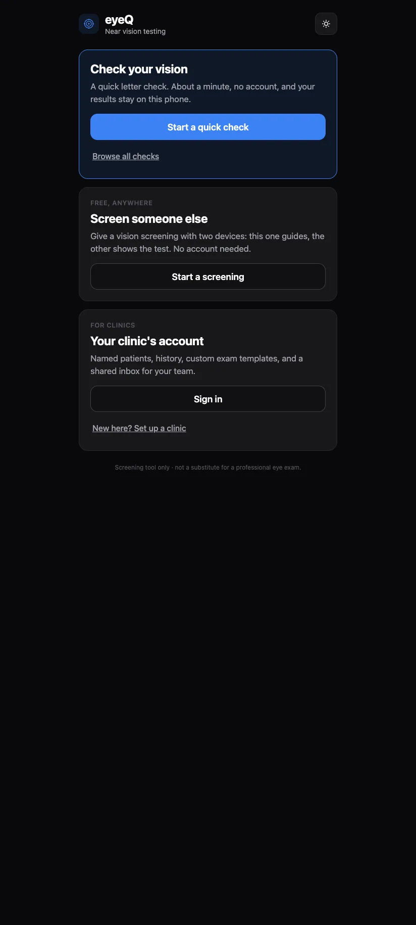 First screen with Check your vision, Screen someone else and Your clinic's account