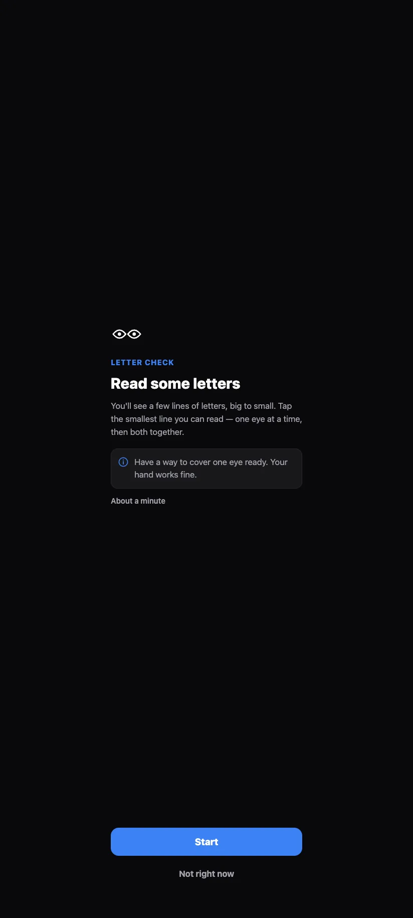 Letter check intro: Read some letters, with a Start button