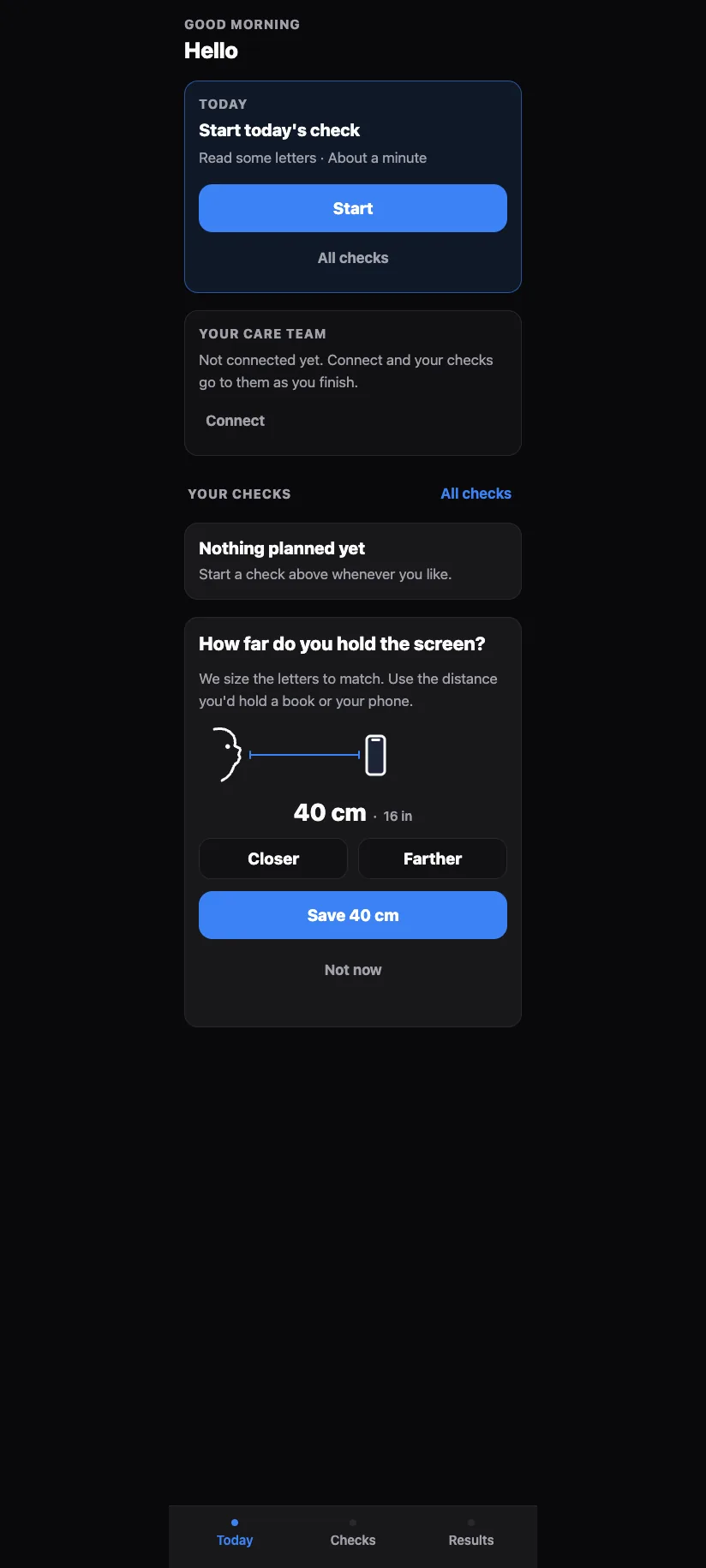 Today screen with Start today's check