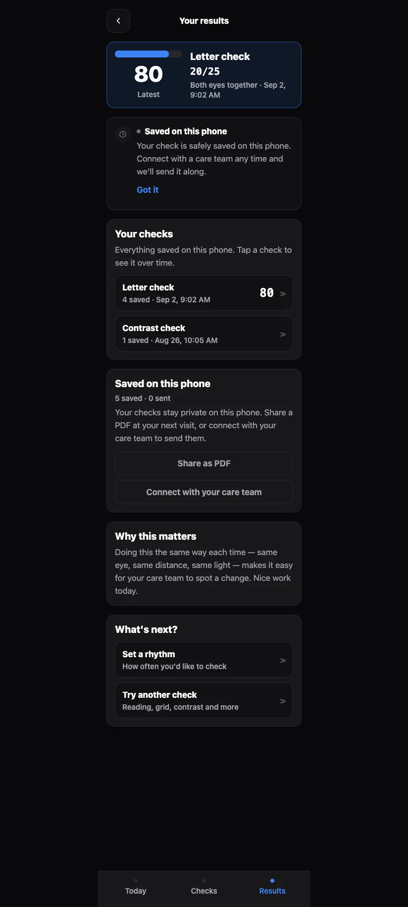 Your results: latest score, Your checks, Saved on this phone, What's next