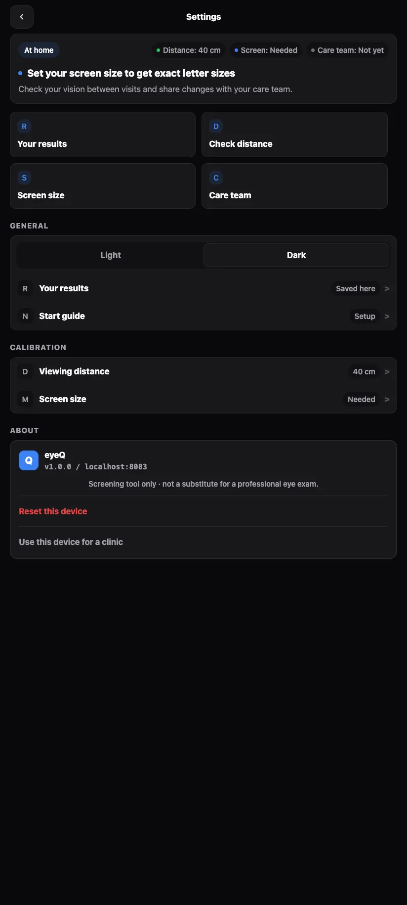 Settings for a home phone: Your results, Check distance, Screen size, Care team