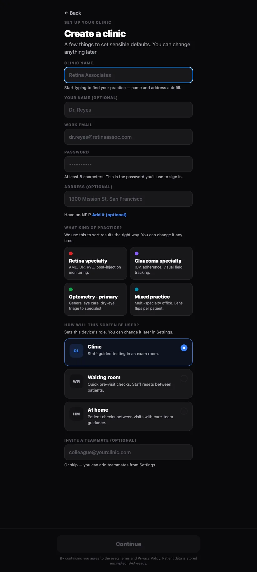Clinic account form