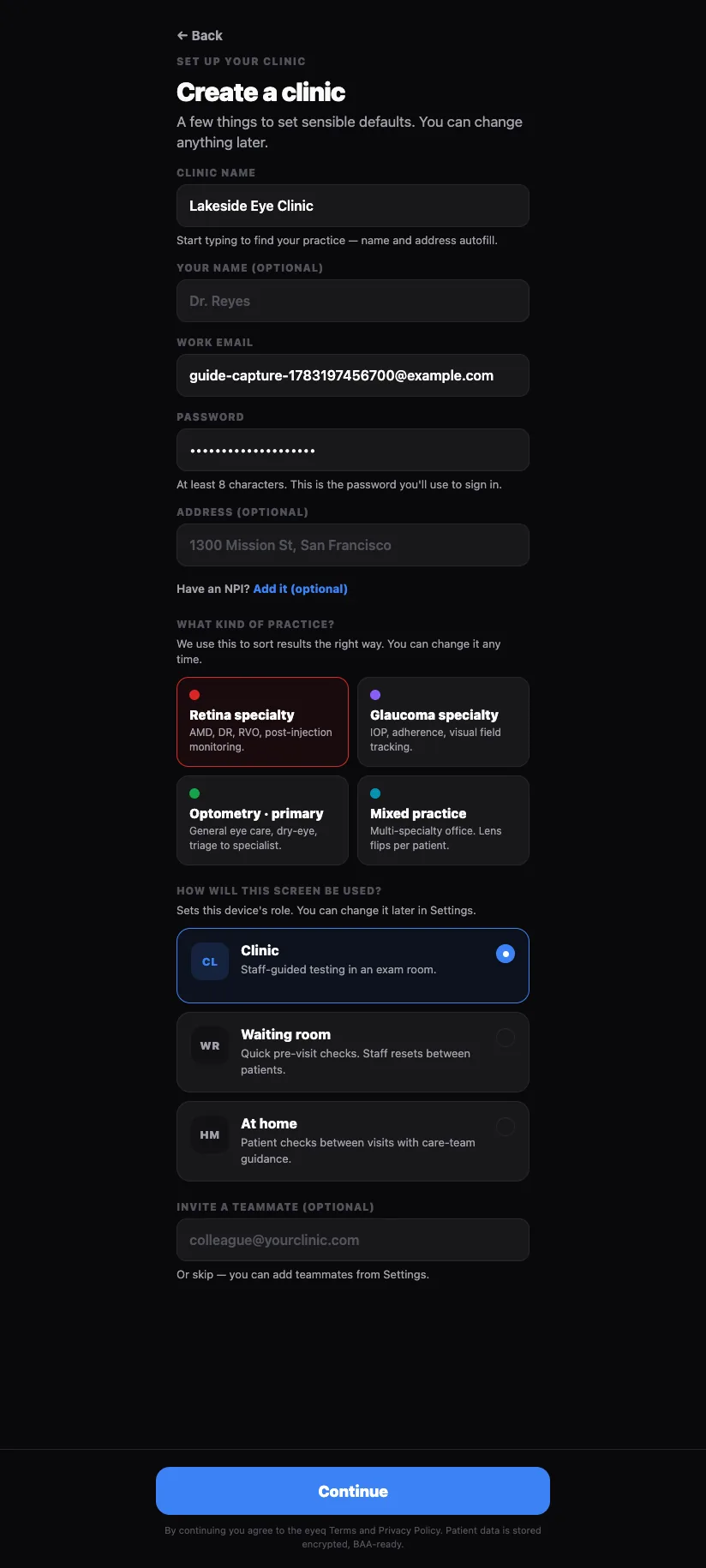 Clinic form completed with practice type selected