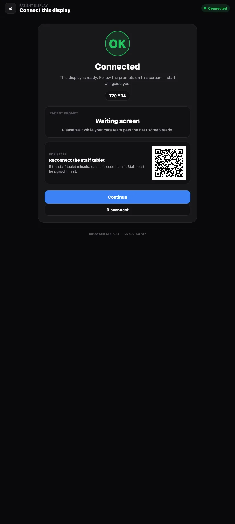 Patient display showing Connected