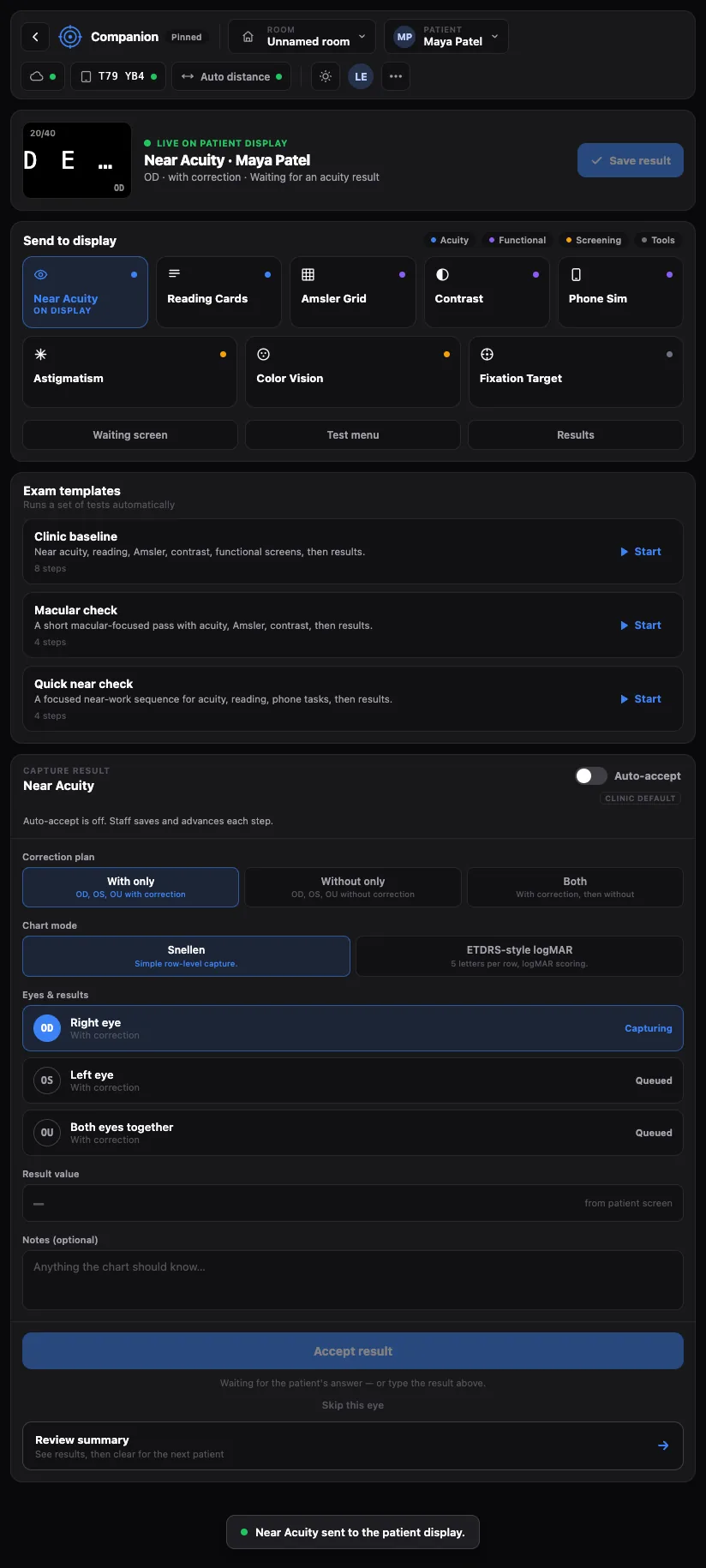Staff screen after Near Acuity sent