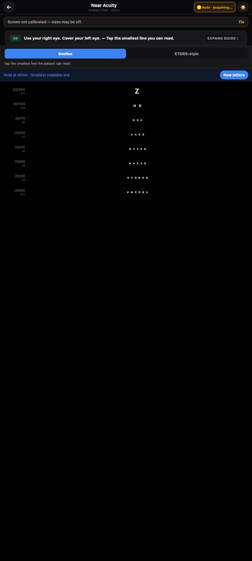 Patient Near Acuity test screen